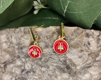 Enamel Red Bee Stud Earrings- Gold Tone Stainless Steel Stud Posts 2cm