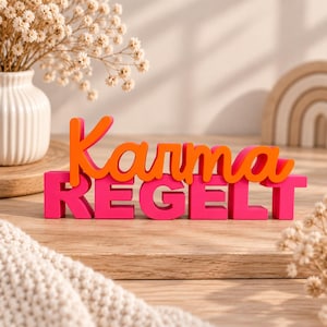 Könnte beinhalten: Ein dekoratives Schild mit dem Wort Karma in orangefarbener Schreibschrift, das über dem Wort REGELT in fetten, blockartigen, leuchtend pinkfarbenen Großbuchstaben steht. Das Schild besteht aus massivem, dreidimensionalem Material.