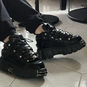Leather Goth Platforms for her | Steal Decor Punk Ankle Boots | 6cm Stylish Platforms | Laced up Gothic Shoes Summer Gifts for her