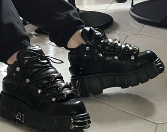 Leder-Goth-Plattformen für Sie | Steal Decor Punk Stiefeletten | 6 cm stilvolle Plateaus | Geschnürte Gothic-Schuhe, Sommergeschenke für Sie