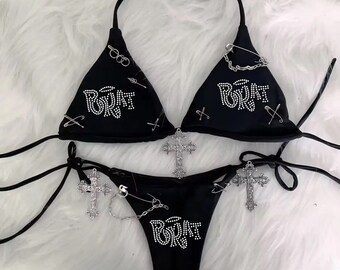 Sommer Gothic Badeanzug Set | Niedliche modische Frauen Swim Tops | Metall Kreuz Goth Bikini für sie | Kawai Bikini | Sommer Geschenke für sie