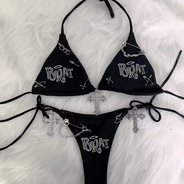 Summer Gothic Swim Suit Set | Cute fashionable Women Swim Tops | Metal Cross Goth Bikini For her | Kawai Bikini | Summer Gifts for her