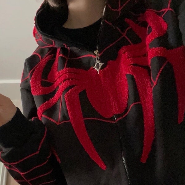 Custom Spider Web Hoodie | Unisex embroidered Spider Zip up | Super Hero Perfect Fit Sweater | Gift for Her / Him