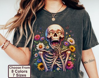 Comfort Colors Bohemian Laughing Skeleton Shirt Birthday Gift, Wildflower Print TShirt for Retro Style Enthusiasts and Flower Power Fans