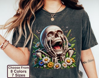 Comfort Colors Bohemian Laughing Skeleton Shirt Birthday Gift, Wildflower Print TShirt for Retro Style Enthusiasts and Flower Power Fans