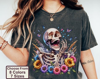 Comfort Colors Bohemian Laughing Skeleton Shirt Birthday Gift, Wildflower Print TShirt for Retro Style Enthusiasts and Flower Power Fans