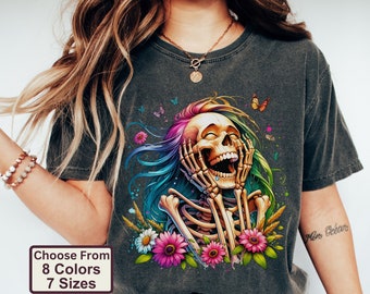 Comfort Colors Bohemian Laughing Skeleton Shirt Birthday Gift, Wildflower Print TShirt for Retro Style Enthusiasts and Flower Power Fans