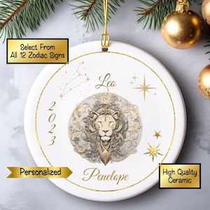 Personalized Leo Zodiac Sign Ceramic Christmas Ornament Gift, Customizable Keepsake Astrological Tree Decoration, Zodiac Star Constellation