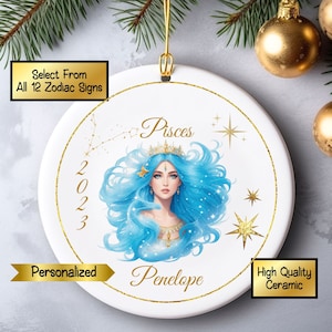 Personalized Pisces Zodiac Sign Ceramic Christmas Ornament Gift, Customizable Keepsake Astrological Tree Decoration, Zodiac Constellation