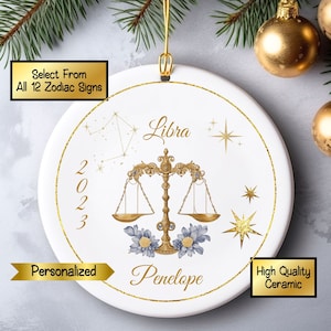 Personalized Libra Zodiac Sign Ceramic Christmas Ornament Gift, Customizable Keepsake Astrological Tree Decoration, Zodiac Constellation