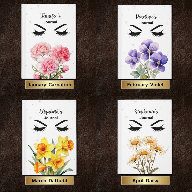 Personalized Birth Flower Journal Birthday Gift for Her, Custom Name