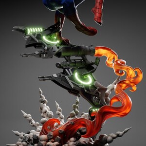 May include: A detailed statue of Spider-Man in a dynamic pose, hovering above a futuristic jet-powered glider. The glider features glowing green accents and fiery orange exhaust. The figure is set against a gray backdrop.