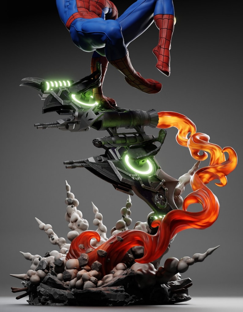 May include: A detailed statue of Spider-Man in a dynamic pose, hovering above a futuristic jet-powered glider. The glider features glowing green accents and fiery orange exhaust. The figure is set against a gray backdrop.