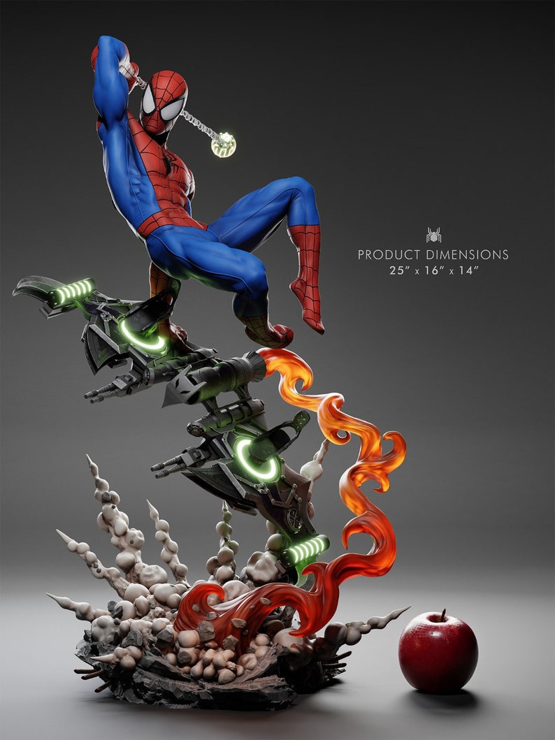 May include: A detailed statue of Spider-Man in a dynamic pose, wearing his classic red and blue suit. The statue is mounted on a futuristic base with green glowing accents and fiery orange and red effects. Product dimensions are 25" x 16" x 14".