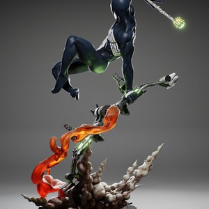 May include: A dynamic sculpture of a superhero in a black and white suit, leaping through the air. The figure is supported by a complex base with orange flames, green energy, and white smoke effects. The superhero is holding a staff with a glowing green orb.