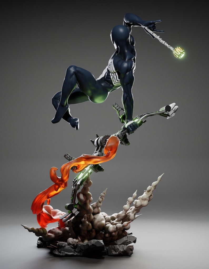 May include: A dynamic sculpture of a superhero in a black and white suit, leaping through the air. The figure is supported by a complex base with orange flames, green energy, and white smoke effects. The superhero is holding a staff with a glowing green orb.