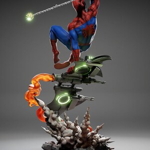 May include: A detailed figurine of Spider-Man in a dynamic pose, clad in his signature red and blue suit. He is suspended mid-air, holding a web. The figure is mounted on a futuristic vehicle with green glowing accents and orange flame effects.