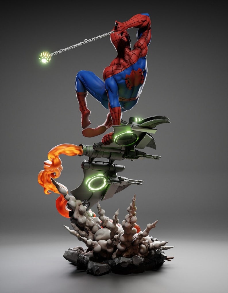 May include: A detailed figurine of Spider-Man in a dynamic pose, clad in his signature red and blue suit. He is suspended mid-air, holding a web. The figure is mounted on a futuristic vehicle with green glowing accents and orange flame effects.