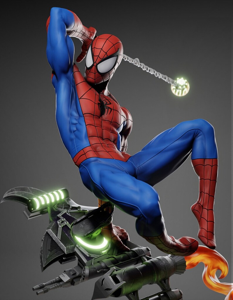 May include: A detailed figurine of Spider-Man in a dynamic pose, wearing his signature red and blue suit. The figure is perched on a futuristic, green and black vehicle, with a web extending from his hand. The overall theme is superhero action.