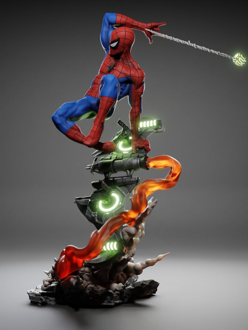May include: A detailed figurine of Spider-Man in a dynamic pose, clad in his signature red and blue suit. The figure is mounted on a futuristic base with glowing green and orange accents, and a web line extends from his hand.