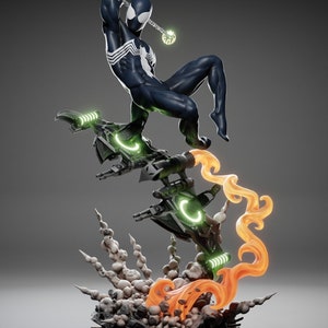 May include: A black and white Spider-Man action figure in a dynamic pose, suspended above a futuristic vehicle with green and orange energy effects. The figure has a detailed design and is set against a gray background.