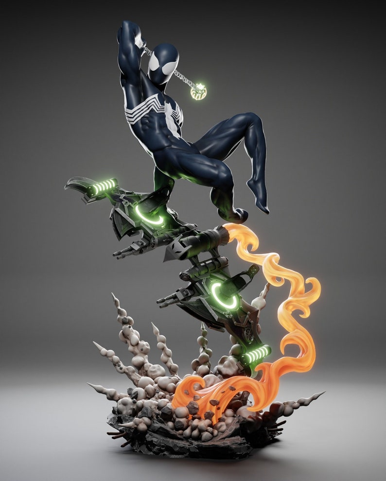 May include: A black and white Spider-Man action figure in a dynamic pose, suspended above a futuristic vehicle with green and orange energy effects. The figure has a detailed design and is set against a gray background.