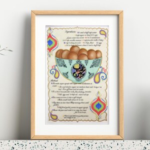 Pode incluir: Um cartão de receita ilustrado de estilo vintage com uma borda decorativa com padrões paisley e acentos coloridos. O cartão inclui uma receita manuscrita para Gulab Jamun, um doce tradicional indiano. A receita inclui os ingredientes e as instruções para fazer a sobremesa, que é descrita como "quente e deliciosa".