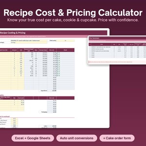 Recipe Cost Calculator & Bakery Pricing Spreadsheet, Home Baker Cake Pricing Template + Cake Order Form PDF, Excel Google Sheets
