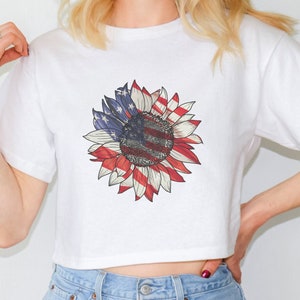 4 juillet, chemise du 4 juillet, haut court, haut court pour femme, patriotique, fête de l&#39;indépendance, 4 juillet, chemise du 4 juillet, tournesol