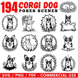 コーギー犬のSVGバンドル：ポーズシーン、クリカットカットファイル（商用利用）