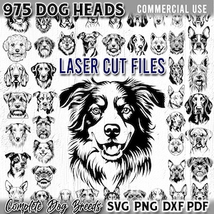 Puede incluir: Una colección de 975 ilustraciones de cabezas de perros en blanco y negro. El texto "975 DOG HEADS" y "COMMERCIAL USE" está en la parte superior de la imagen. El texto "LASER CUT FILES" está en el medio de la imagen. El texto "Complete Dog Breeds SVG PNG DXF PDF" está en la parte inferior de la imagen.