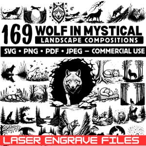 Wolf Laser Engrave Files: Mystical Landscape SVG PNG PDF (Commercial Use, Instant Download)