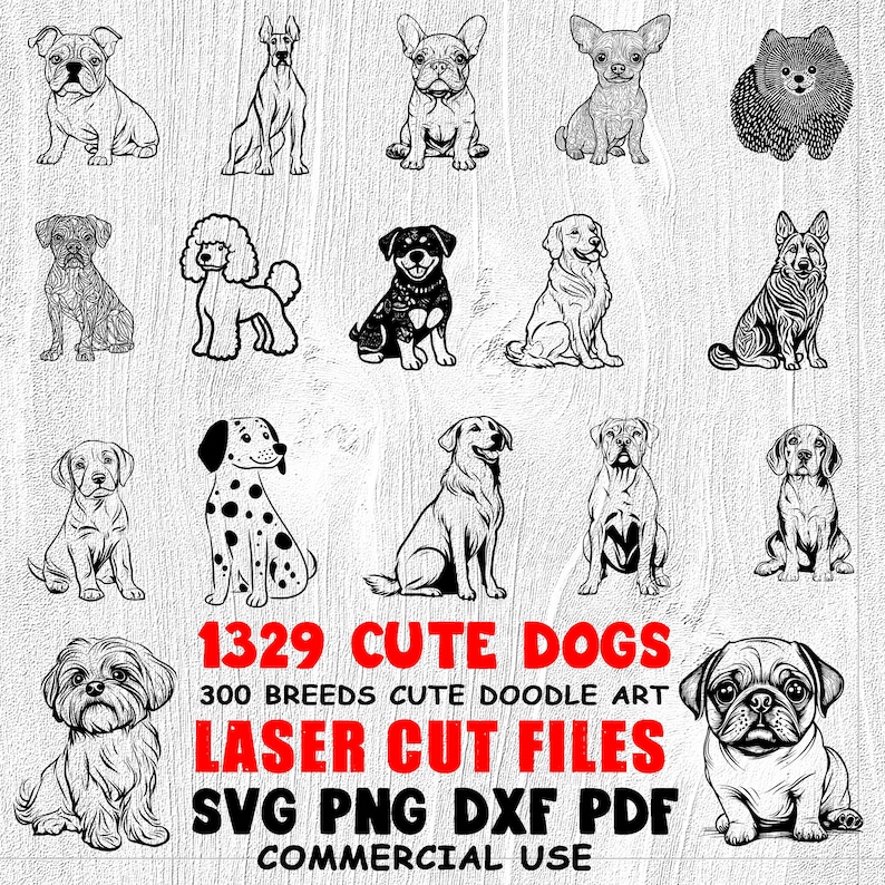 Laser Cut Files 1375 Dogs Cute Version Art 300 Breeds Cute Doodle Art ...