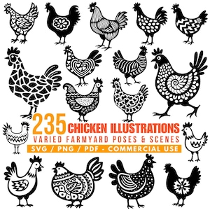 Peut inclure: Une collection de 235 illustrations de poulets en noir et blanc, dans diverses poses et scènes. Le texte indique "235 Chicken Illustrations" et "Varied Farmyard Poses & Scenes". Formats SVG, PNG et PDF disponibles.