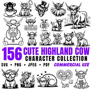 Colección de personajes de vacas de las Tierras Altas con lindos archivos Svg, Png y PDF, paquete de archivos de corte Cricut / Descarga instantánea / Uso comercial