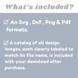K&ouml;nnte beinhalten: Hellgraue Grafik mit dem Text "What's included?" und einer Liste der enthaltenen Artikel. Die Liste umfasst SVG-, DXF-, PNG- und PDF-Formate sowie einen Katalog von Designbildern mit Dateinamen.