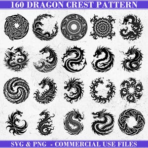 May include: A collection of 160 dragon crest patterns in black and white. The designs include various dragon illustrations in circular and crest-like arrangements. Text at the top reads "160 DRAGON CREST PATTERN". The bottom text reads "SVG & PNG - COMMERCIAL USE FILES".