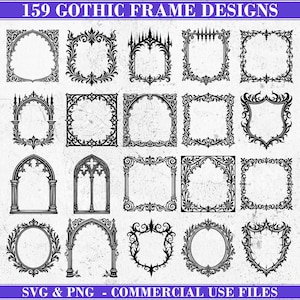Puede incluir: Una colección de 159 diseños de marcos góticos en negro, con diversas formas como cuadrados, óvalos y arcos. Los marcos presentan patrones ornamentados y detallados. El texto superior dice "159 GOTHIC FRAME DESIGNS". El texto inferior dice "SVG & PNG - COMMERCIAL USE FILES".