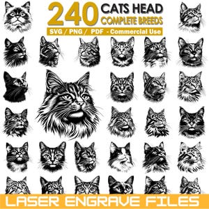 Puede incluir: Una colección de 240 ilustraciones de cabezas de gatos en blanco y negro. La imagen incluye varias razas de gatos, adecuadas para grabado láser. El texto dice "CATS HEAD COMPLETE BREEDS" y "LASER ENGRAVE FILES".