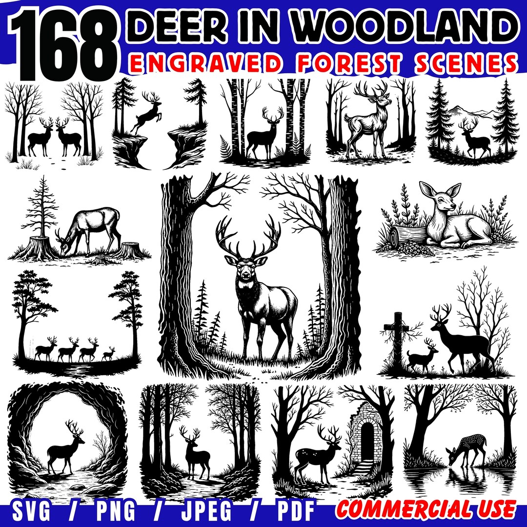 Deer in Woodland Engraved Forest Scenes Svg Png Pdf Files Bundle Cricut ...