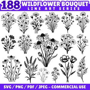 Wildflower Bouquet Line Art: SVG, PNG, PDF Cricut Files (Commercial Use)