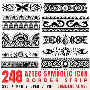 May include: A collection of black and white Aztec symbolic border strips. The designs include geometric patterns, suns, butterflies, and stylized animal figures. The image also includes the text "248 Aztec Symbolic Icon Border Strip."