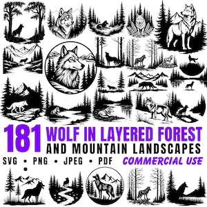 Wolf Mountain Landscape SVG Bundle: Layered Forest Design (Commercial Use, Digital Download