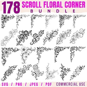 Könnte beinhalten: Eine Sammlung von 178 floralen Eckdesigns in Schwarz und Weiß. Das Bild zeigt verschiedene Blumen- und Blättermuster mit dem Text "SCROLL FLORAL CORNER BUNDLE" und Dateitypoptionen: SVG, PNG, JPEG, PDF und COMMERCIAL USE.