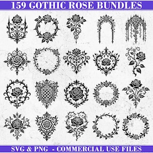 Peut inclure: Divers motifs de roses gothiques noires, comprenant des couronnes, des compositions florales et des éléments décoratifs. L'image contient le texte "159 Gothic Rose Bundles" et "SVG & PNG - Commercial Use Files."