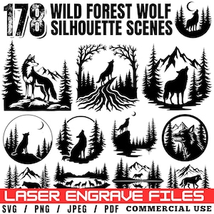 Wild Forest Wolf Silhouette Laser Engrave Files: SVG, PNG, PDF (Commercial Use)