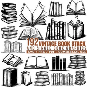 May include: Black and white line art illustrations of vintage books. The image features stacks of books, open books, and rows of books. Text reads "192 Vintage Book Stack and Single Book Graphics."