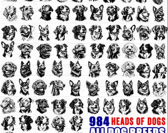 984 Dog Breeds Vector Clipart Bundle, Puppy Faces SVG PNG DXF Pdf for Cricut, Instant Downloads