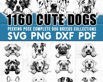 Cute Dogs 1160 peeking pose complete dog breeds collection Cricut designs Svg files Bundle Design Svg Dxf Png Pdf - downloads