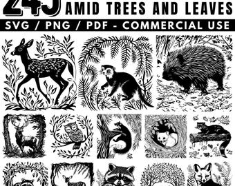 Woodland creatures laser engrave files bundle: SVG, PNG, PDF for commercial use, instant download